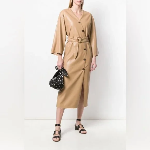 Nanushka Iben Vegan Leather Kimono Dress Pale Caramel L - Picture 5 of 11